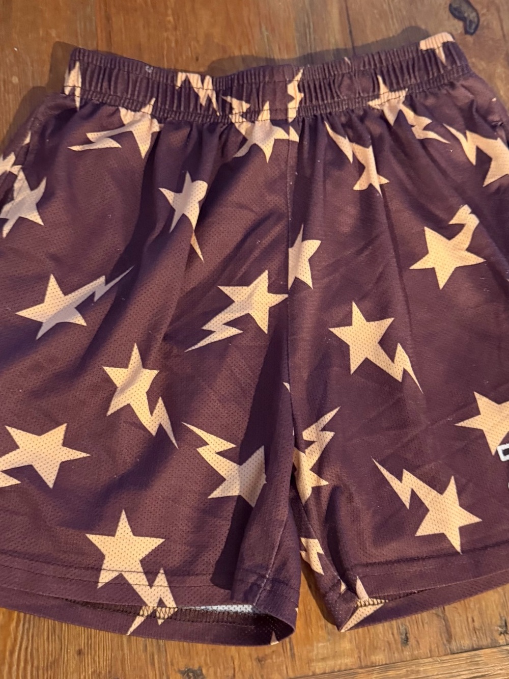 Eric Emanuel Maroon Athletic Shorts with Cream Star & Lightning Print